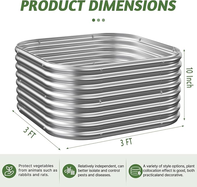 4 Pack 3x3FT Raised Beds for Gardening Corrugated Galvanized Steel Raised Garden Bed Outdoor Metal Above Ground Garden Bed for Vegetables and Flowers-3x3FTx10Inch