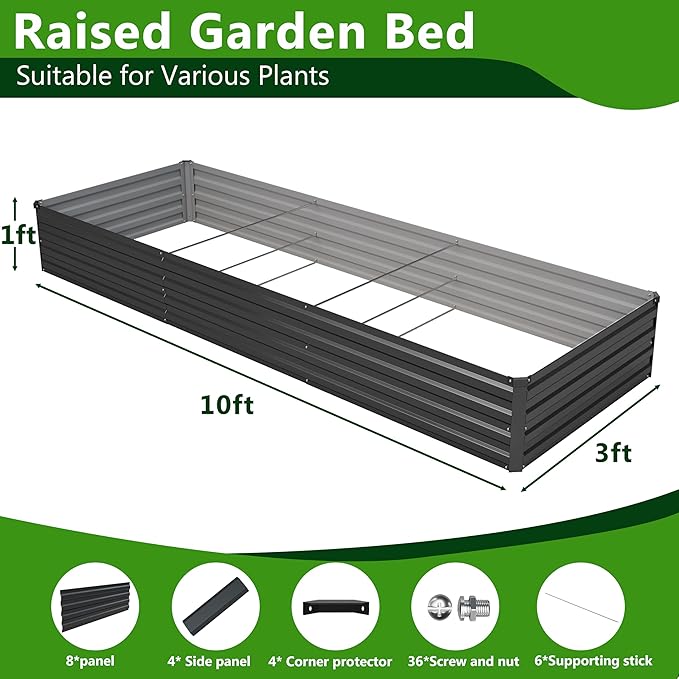 2PCS 10x3x1ft Galvanized Raised Garden Bed Kit Galvanized Planter Raised Garden Boxes Outdoor Large Metal Raised Garden Beds for VegetablesBlack