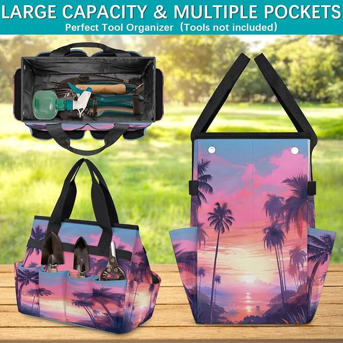 Coconut Tree Evening Sunset Garden Tool Bag Waterproof Garden Tool Storage Bag Heavy Duty Oxford Gardening Tool Bag with Handle &amp 10 Pockets for Men Women Outdoor Garden Lawn Yard
