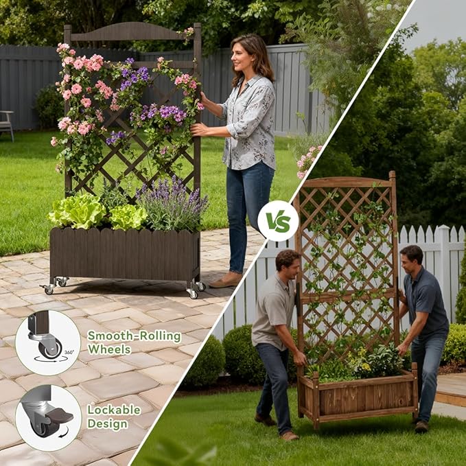 COMHOMA Raised Garden Bed with Trellis and Wheels48Inch Elevated Planter Box with Drainage HolesLattice Privacy Screen for Climbing Plants VegetablesOutdoor for Patio Balcony YardBrown