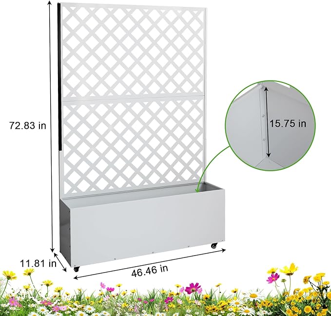 CuisinSmart Metal Raised Garden Bed with Trellis and Wheels 72.83x46.46x11.81 Planter Box for Climbing Plants Vegetables &amp Vines Features Drainage Holes and Privacy Screen