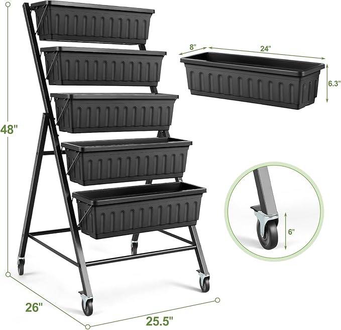 Suyncll Vertical Raised Garden Bed Planter Box 5 Tiers Vertical Garden Planter with Drainage System and 4 Hooks for Plants Vegetables Flowers (Black with Wheels)