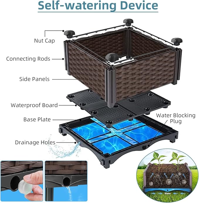 Rattan Raised Garden Bed with Legs-Rectangular Elevated Deep Planters for Outdoor Plants Self Watering Planter Box 47L x 16W x 20H Rectangular Deep Garden Bed for Vegetables Flowers Herbs