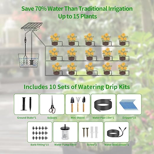 49FT Solar Drip Irrigation System Auto Watering Kit for 15 Pots Solar-Powered Plant Watering 25 Timer Modes 900ml/min Flow Indoor/Outdoor Garden Balcony &amp Patio Irrigation System