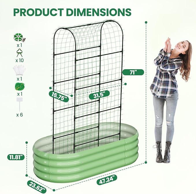 SUNYRISY 2Pack Galvanized Raised Garden Bed with 71in Arch Trellis for Climbing Plants Outdoor Planter Box with Climbing Net for Gardening Flowers Vegetables Fruits Herbs Green