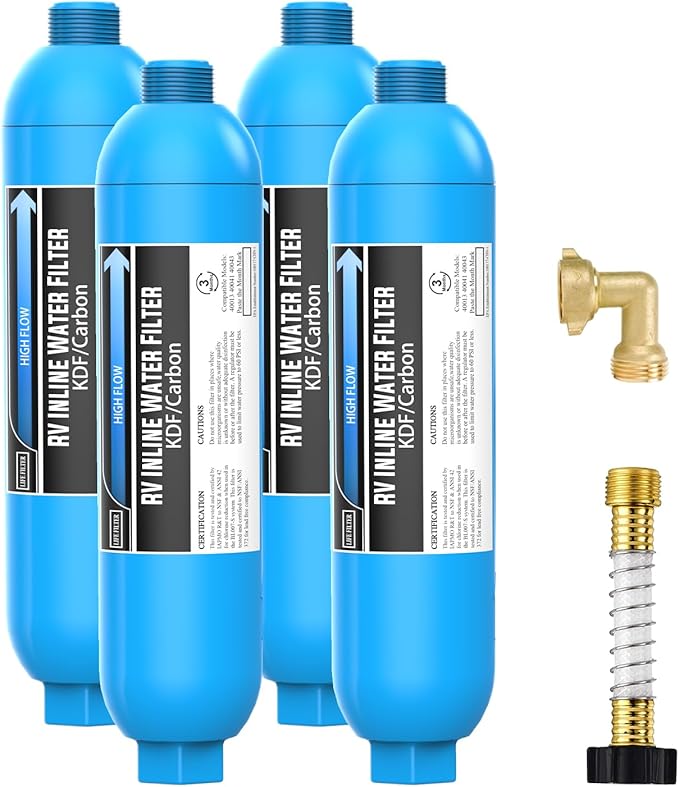 Lifefilter RV Inline Water Filter with Solid Brass 90 Degree Hose Elbow Eliminates Stress and Strain On RV Water Intake Hose Fittings(4 Pack)
