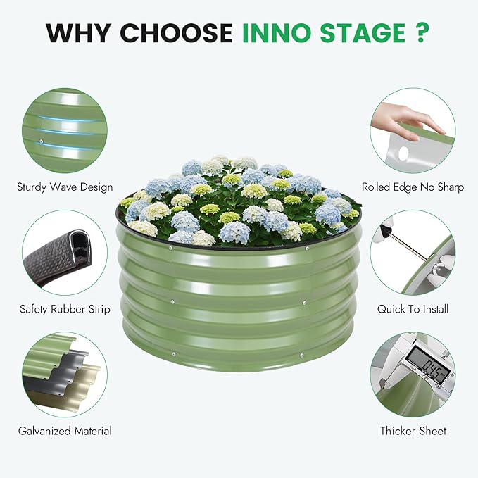 INNO STAG 3 Pcs Round Galvanized Raised Garden Bed — 2×2×1ft Planter Box Outdoor Raised Beds Kit for Gardening Vegetables Fruits Herbs and Flowers Olive Green