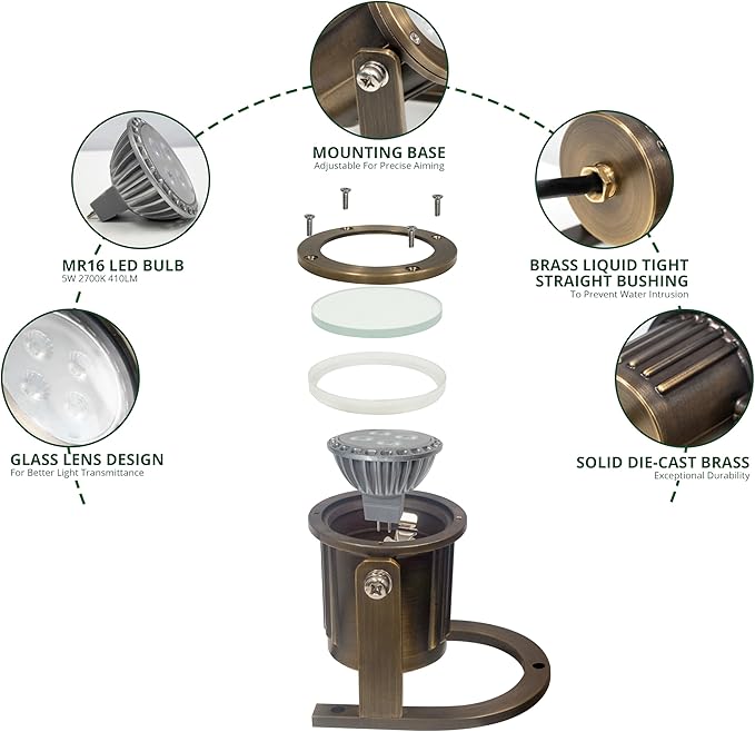 GKOLED Solid Brass Underwater Light Low Voltage LED Pond Lights Submersible Fountain Lighting with 5W 2700K 410LM MR16 Bulb 9-15V AC/DC Outdoor Landscape Light IP68 Rated Pool Spotlights 2 Pack