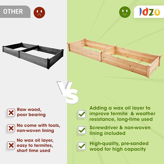 IDZO Combo Raised Garden Bed with Wax Oil Coated 96 Inches Wood Planter with Non-Woven Lining + Metal Obelisk Trellis for Climbing Plants