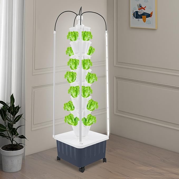 8-Layer Hydroponic Growing Tower with 40 Plant Sites &amp 4 Adjustable LED Grow Lights High-Efficiency Water Cycle System for Home School or Lab Use (White)