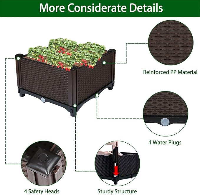 Square Raised Garden Bed Garden Free Splicing Planting Box Outdoor Indoor Planting Container Stylish Rattan Pattern Set of 1 Brown