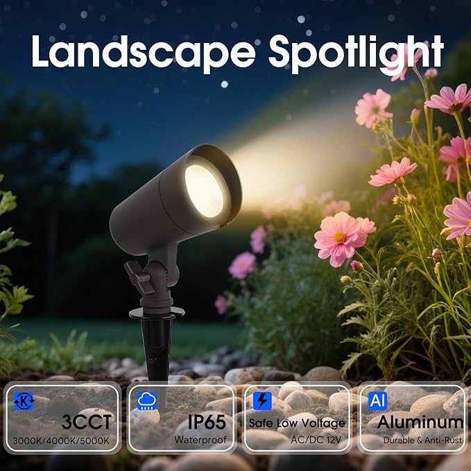 3CCT LED Landscape Lights with Connectors 12V Low Voltage 3000K/4000K/5000K Selectable 3W 200LM Outdoor Waterproof Garden Pathway Lights Wall Tree Flag Spotlights with Spike Stand 8 Pack