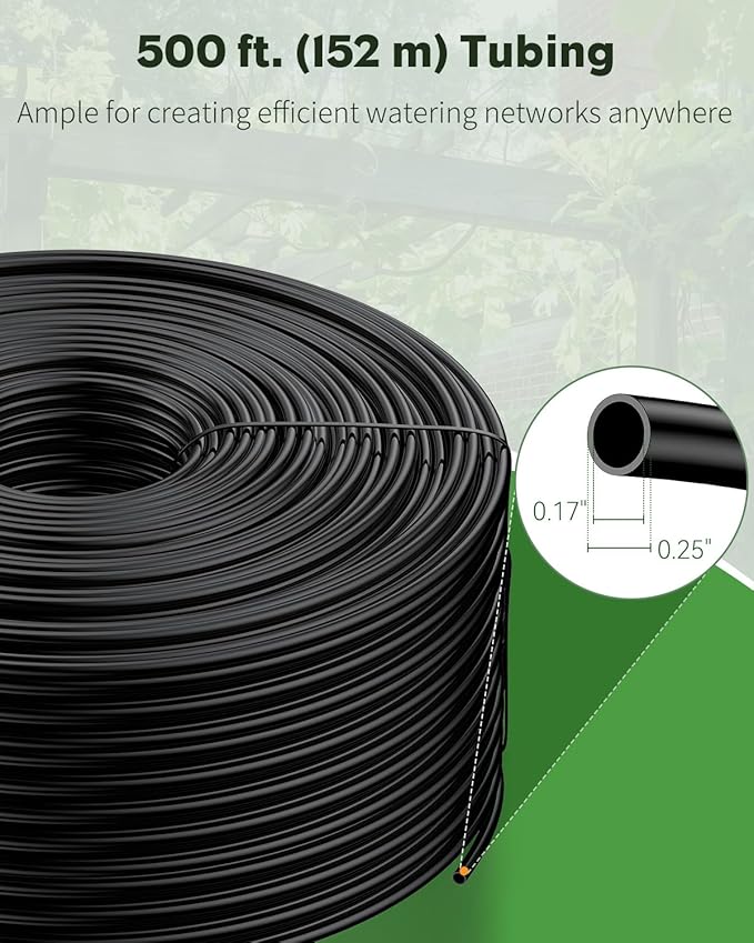 Pawfly 500 ft. 1/4 Drip Irrigation Tubing Black Distribution Tubing for Drip Irrigation System Polyethylene Drip Line Drip Irrigation Hose Tube for Quick-Connect Drip Irrigation Emitters