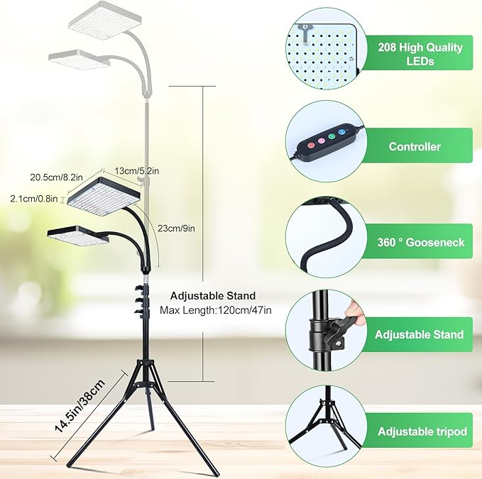 2026 2Head Grow Light with Stand 50 Watt Power Draw Big Coverage and Bright Enough for Indoor Large and Tall Plants Bonsai Tree 40-64 Height Adjustable