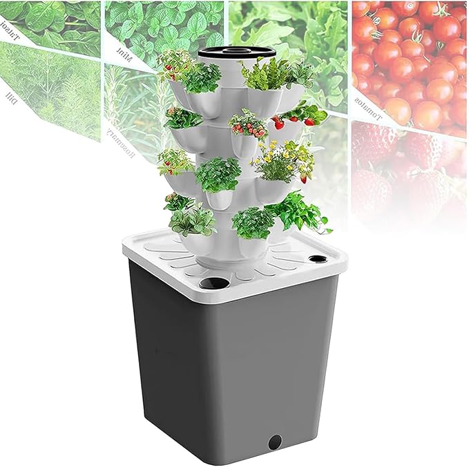 Aeroponics Growing Kit for Herbs Fruits &amp Vegetables - Hydroponic Tower System with 30 Holes Net Pots and Timer for Efficient Indoor Gardening