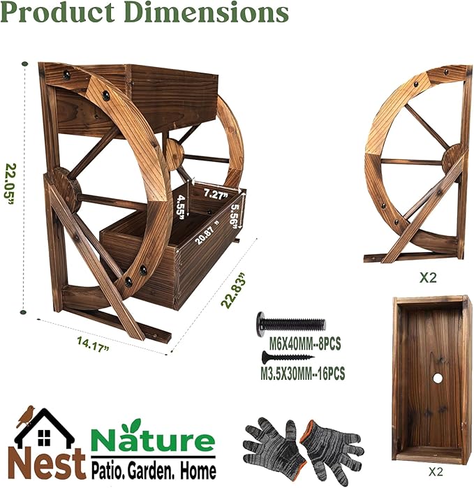 Wooden Wagon Garden Planter Box with Wheels-Indoor/Outdoor Decor for Patio Backyard Balcony-Country Farmhouse Flower Box-2 Tier Rustic Garden Raised Bed for Flowers Herbs Vegetables