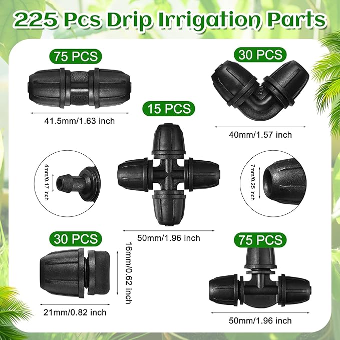 225 Pcs 1/4 Inch Tubing Irrigation Fittings Kit Locked Barbed Connectors Drip Irrigation Kit for 1/4 Inch Pipe (75 Couplings 75 Tees 30 Elbows 30 End Plugs 15 Four Way)