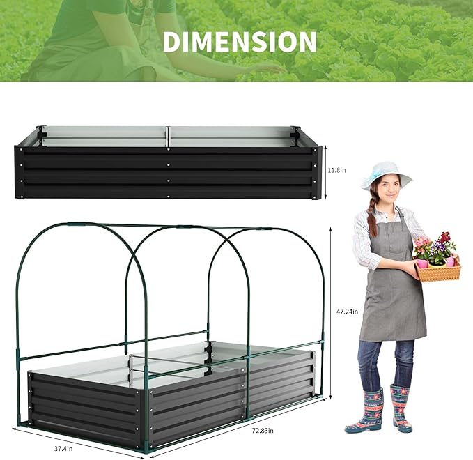DoCred Galvanized Raised Garden Bed with PVC Cover 72.8 x 37.4 x 47.2 Metal Planter Bottomless Box w/ Roll-Up Window Mini Greenhouse Tent for Outdoor Growing Vegetables Flower Fruit
