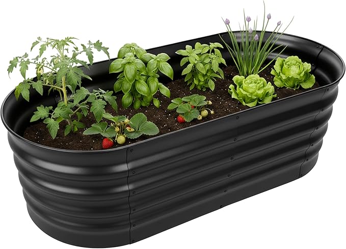 Relaxdays Raised Bed Galvanised Metal Flowers Plants &amp Vegetables H 45 x W 150 x D 60 cm Oval Plant Bed Black