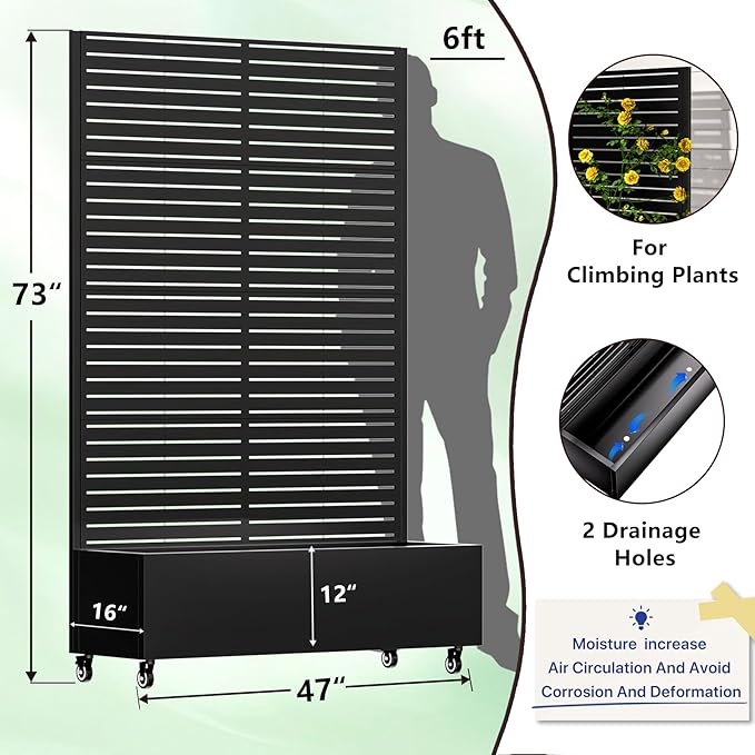 Metal Planter Box with Trellis72x47x16Galvanized Steel Outdoor Raised Garden Bed with Privacy Screenwith Drainage Holes &amp Lockable Casters for Climbing PlantsVegetablesand Vines(Black-BYC)