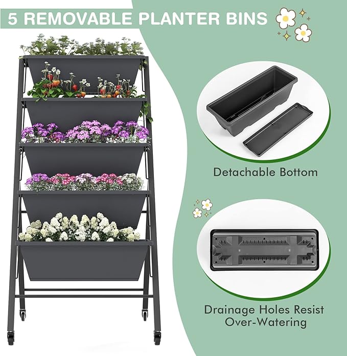S AFSTAR 5-Tier Vertical Garden Planter Raised Garden Bed with 2 Lockable Wheels 7 Removable Planter Boxes Metal Frame Indoor Outdoor Elevated Planting Box for Flower Vegetables Fruit Herbs