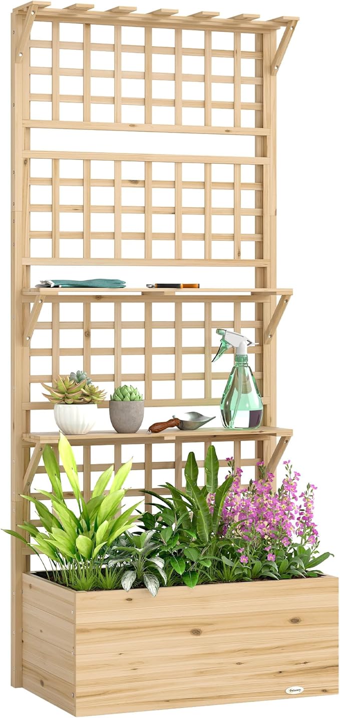 Outsunny Wooden Raised Garden Bed with Trellis and Roof Elevated Outdoor Planter Box with 2 Shelves Drainage Hole and Liner for Climbing Plants Vegetables Flowers Natural