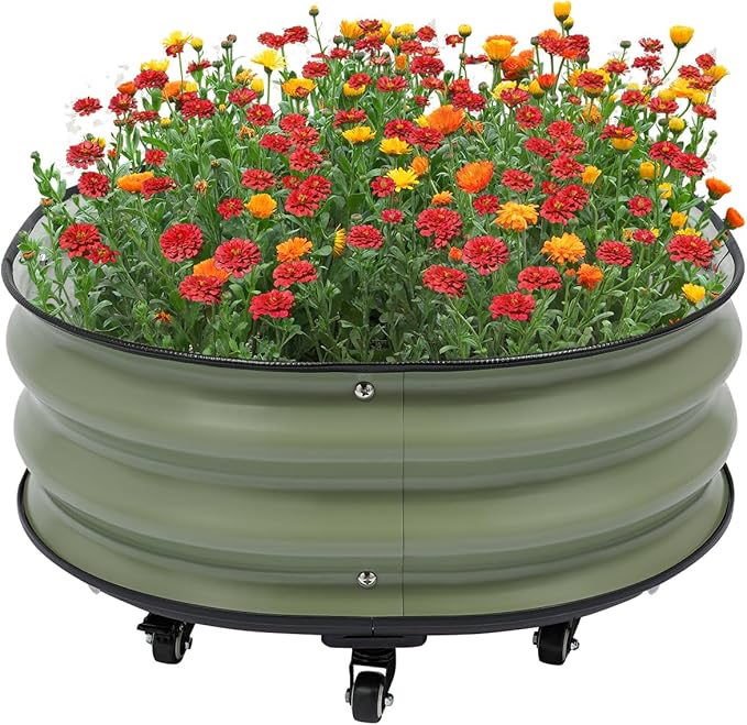 Raised Garden Bed with 9 Wheels 23.6 Inch Round Metal Planter Box for Courtyards Balconies Gardens (Green)