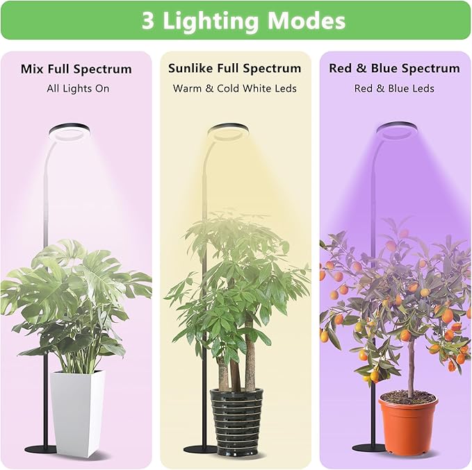 Grow Light for Indoor Plants Full Spectrum Led Plant Growing Lights with Stand Tall Halo Floor Growth Lamp with Timer Height Adjustable Dimmable Brightness for Large Plants