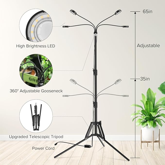 SANSI Grow Lights for Indoor Plants 4 Head Dimmable Plant Lights for Indoor Growing 40W 35-65 Adjustable Standing Plant Grow Lights Indoor Tripod Auto On/Off Timer Grow Light