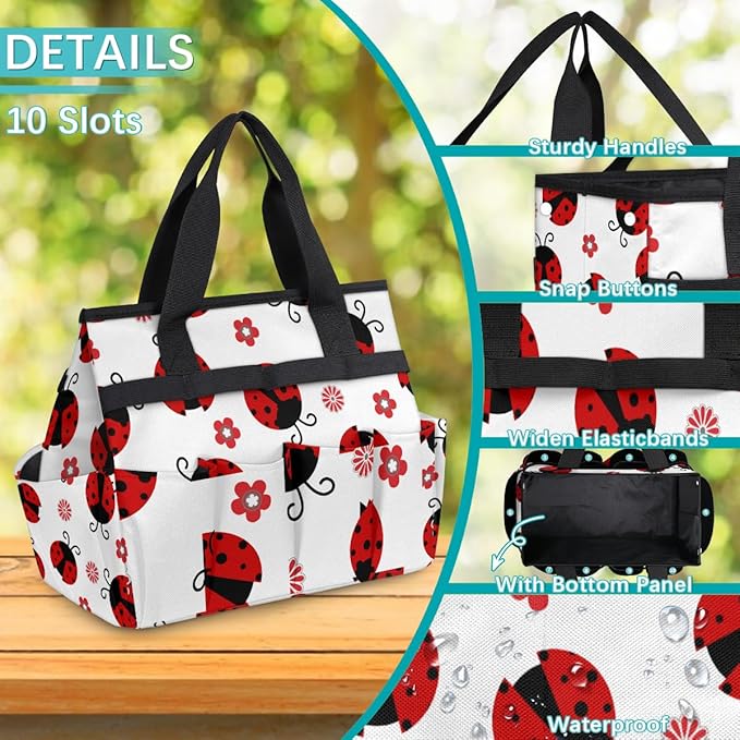 Ladybug Gardening Tool BagHeavy Duty Garden Tote BagPortable Oxford Flower Gardening Storage Basket Organizer Handbag with Pockets HandleHand Tools Gifts for Outdoor Garden Lawn Yard