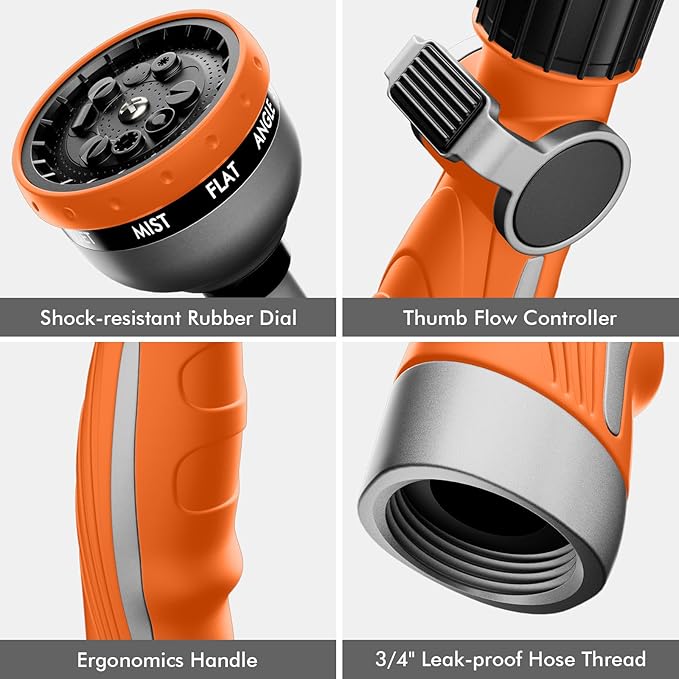 RESTMO Watering Wand Heavy Duty Metal Garden Hose Wand with 10 Spray Patterns 15-Inch Long Hose Nozzle Sprayer with Thumb Flow Control Ideal to Water Hanging Baskets and Shrubs Orange
