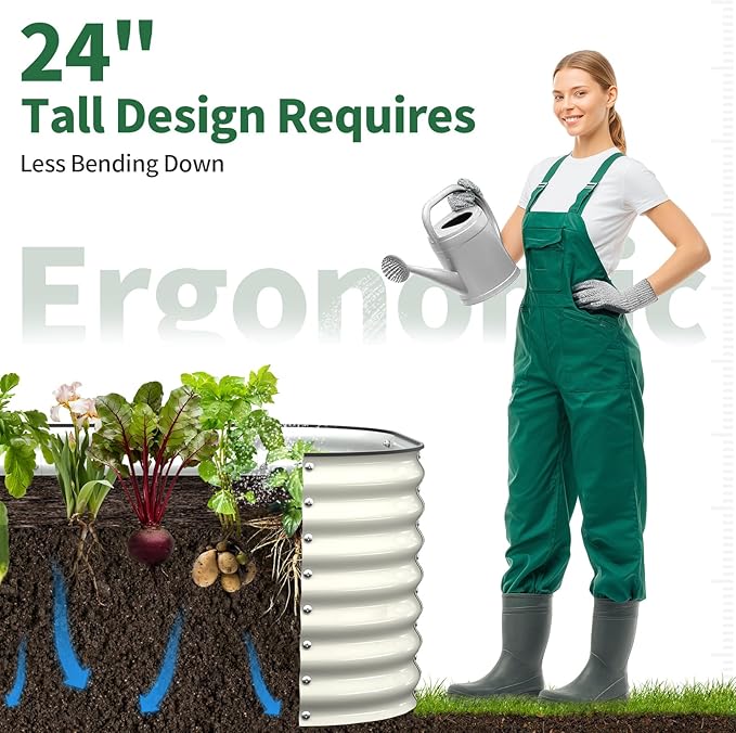 Kesfitt Raised Garden Bed Outdoor Galvanized Steel Metal Raised Bed Planter for Vegetables 24-Inch Deep Open Bottom Backyard Garden Bed 6x3x2 ft Pearl White