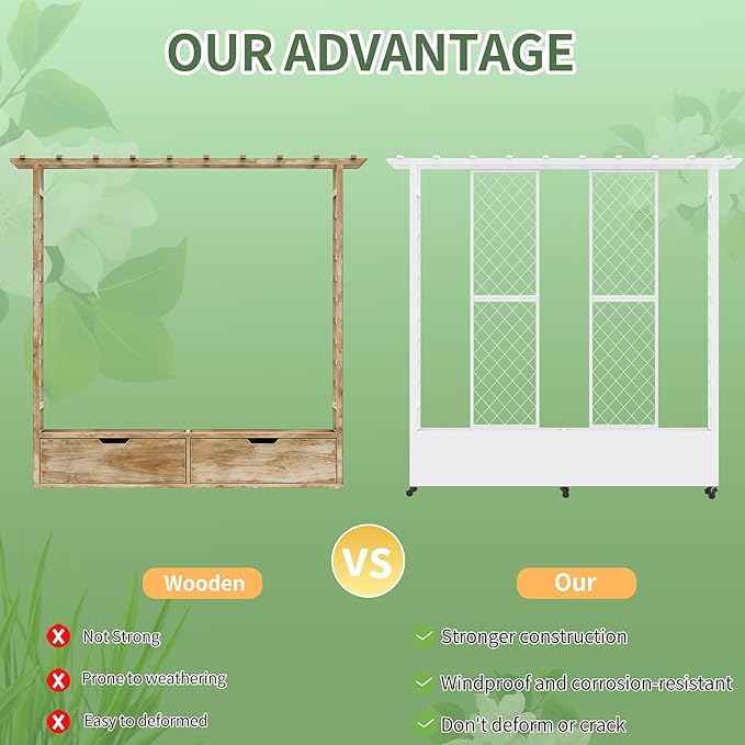 Raised Garden Bed with Trellis &amp Hanging Roof Weatherproof Metal Planter Box with Wheels Garden Arch Trellis for Outdoor Climbing Plants Vines Flowers 74 H x 77 L x 17 W White