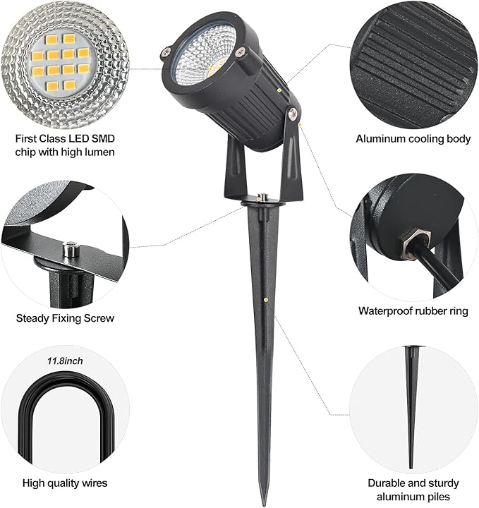 12W Low Voltage Landscape Lights LED Landscape Lighting with Connectors and Spike Stand 12V 24V Outdoor Spotlights Yard Garden Pathway Lights 1200LM Waterproof Warm White Light (16Pack)