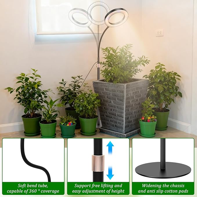 Grow Light for Indoor Planting Full Spectrum 1.70m Planting Light with 360° Neck 3 Mode and 10 Dimmable Level 3/9/12H Timer 72 LED Height Adjustable Grow Lamp for Windowsill Bookshelf Corner
