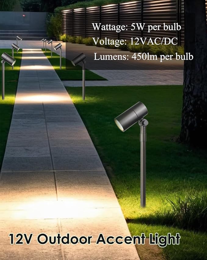 Low Voltage Landscape Path Light Kits Lights Paths and Garden Bed Also be Used for Uplights Light up Walls and Trees Cast Aluminum Body Free 5W 12V MR16 LED Bulb and ABS Stake 2-Pack