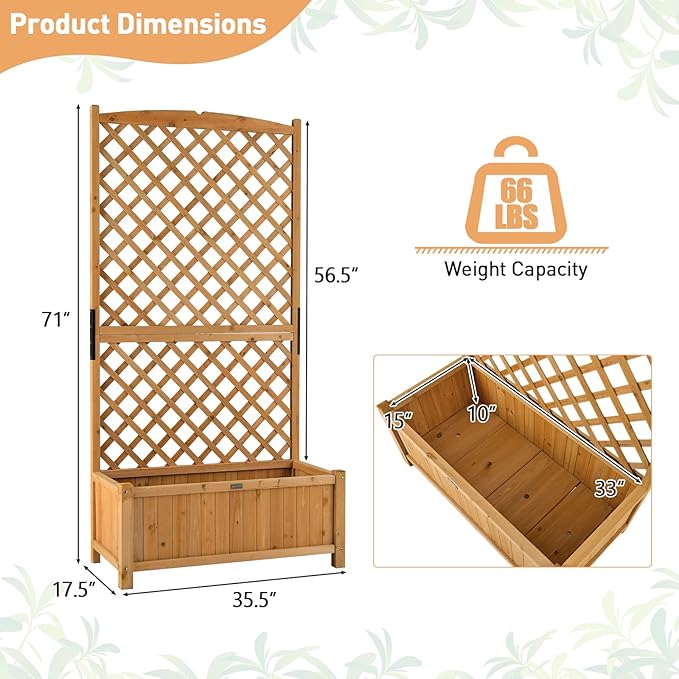 Wooden Planter Box with Trellis 71” Freestanding Garden Planter w/Lattice Panel &amp Drainage Holes Indoor &amp Outdoor Raised Garden Bed with Trellis for Vine Climbing Plants (2)