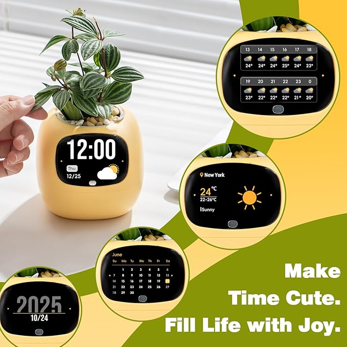 Smart Planter with App Control Self-Watering AI Plant Pot with LCD Display Interactive Desk Plant Companion for 100+ Plants Smart Indoor Planter with Pomodoro Timer80ml ReservoirCalendar-Yellow