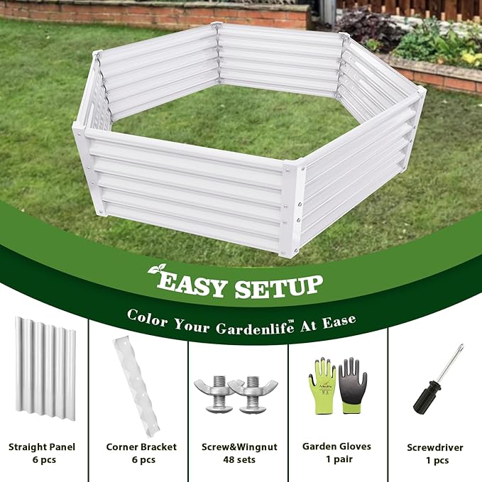 A ANLEOLIFE 3 Set Hexagon Galvanized Raised Garden Beds Outdoor70x60x18in Metal Planter Box for Planting Vegetables Flowers Herb Anti-Rust &amp Easy-Setup Antique White