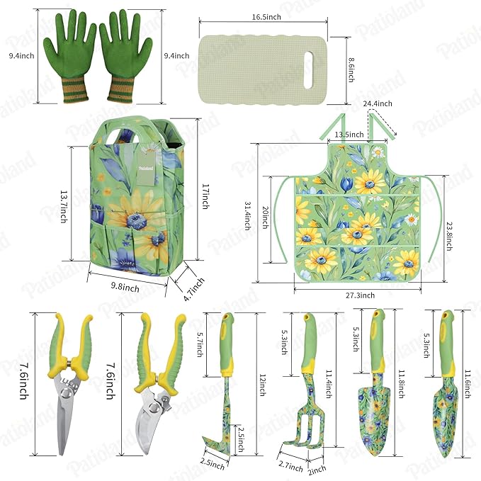 10-Piece Garden Tool Set – Green Floral Print Gardening Hand Tools with Non-Slip Handles Heavy Duty Rust-Proof Aluminum Tools Organizer Tote Bag Ideal Gardening Gifts for Women &amp Grandma