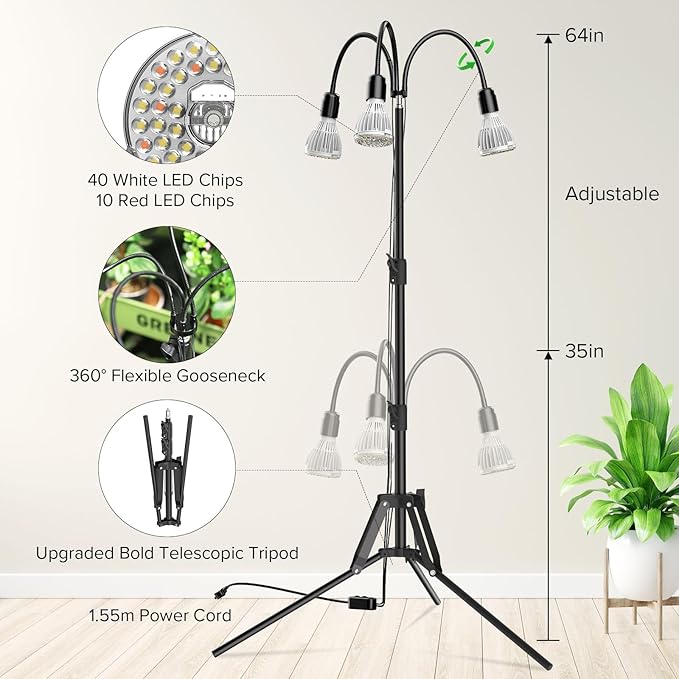 SANSI Upgraded 90W Grow Light with Adjustable Tripod Stand 5000K 660nm Full Spectrum 700W Equiv. LED Floor Plant Light for Indoor Plants Grow Lamp with Replaceable Bulbs for High PPFD Growing