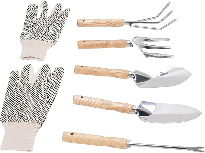 Gardening Tools Garden Tool Set with Wooden Handle Rust Proof Gardening Set Spade and Rake for Outdoor Planting Weeding Ideal Gifts for Women Gardeners
