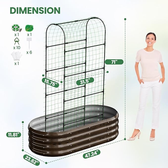 2 in 1 Galvanized Raised Garden Bed with 71 H Arch Trellis for Climbing Plants Outdoor Gardening Planter Box with Climbing Net for Flowers Vegetables Fruits Herbs Wood Grain