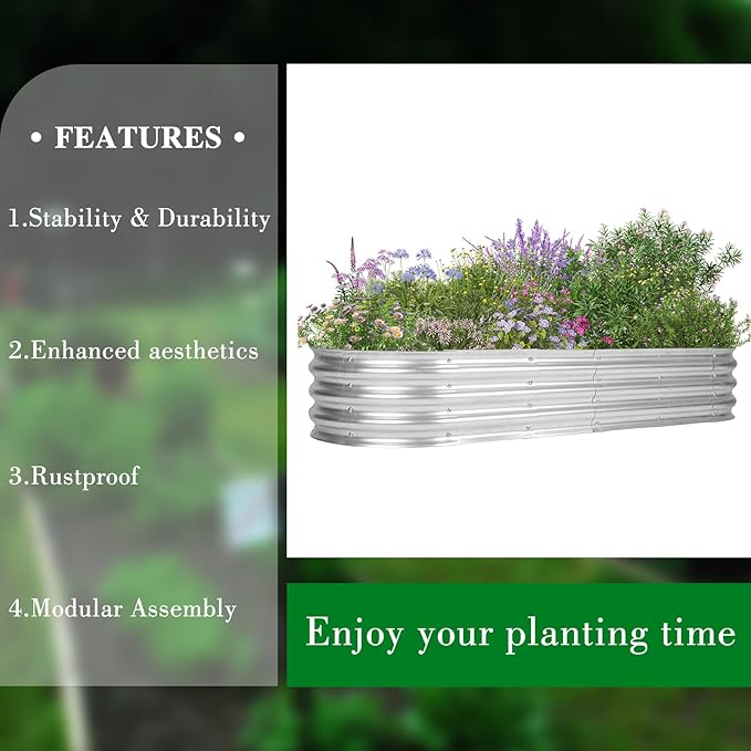 5.9 x 2 x 1 Ft Galvanized Raised Garden Bed Kit Outdoor Oval Planter Box for Vegetables Flowers Herbs Deep Rooted Silver