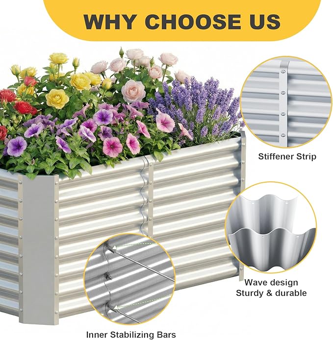 AHEONLAR 3 Pack 4×2×2ft Galvanized Raised Garden Beds Rectangle Durable Planter Boxes Outdoor for Vegetables Fruits Flowers and Plants Quick Assembly Silver