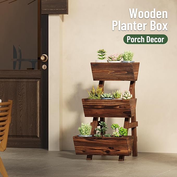 Vertical Wooden Raised Garden Bed Garden Planters Freestanding Wood Plant Stand Flower Rack Wooden Planter Box for Plants Herbs Flowers Vegetables Outdoor Indoor Gardening (3-Tier Small Carbonized)