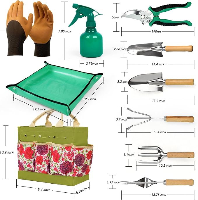 Garden Tool Set 10 PCS Gardening Essentials Stainless Steel Garden Hand Tools with Tote Bag Well-Designed Gardening Supplies Kit Gifts for Women Men Gardeners