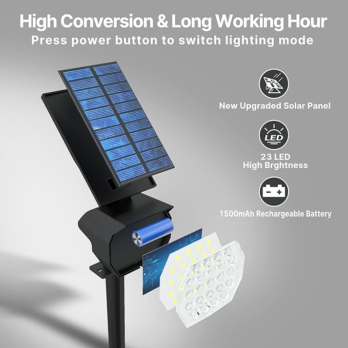 23 LED Solar Spot Lights Outdoor Waterproof 2 Pack Solar Lights with Optical Lenses 3 Brightness Spotlight Landscape Lighting Auto ON/Off Outdoor Solar Lights for Yard Garden Lawn White Light
