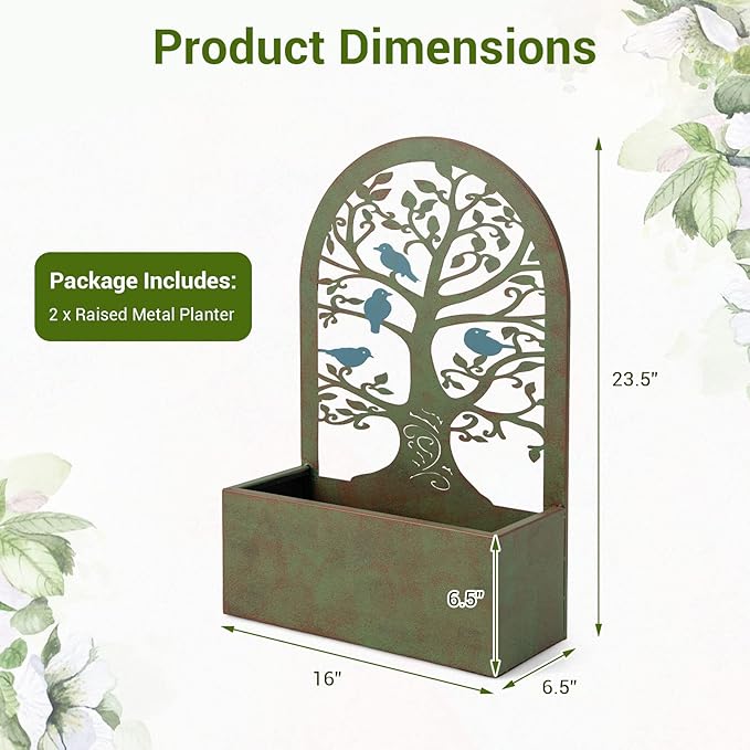 Giantex Raised Garden Bed Set of 2 - Wall-Mounted &amp Freestanding Decorative Planter Boxes with Trellises Heavy-Duty Metal Elevated Bed for Climbing Plants Outdoor Indoor Planter for Yard Balcony