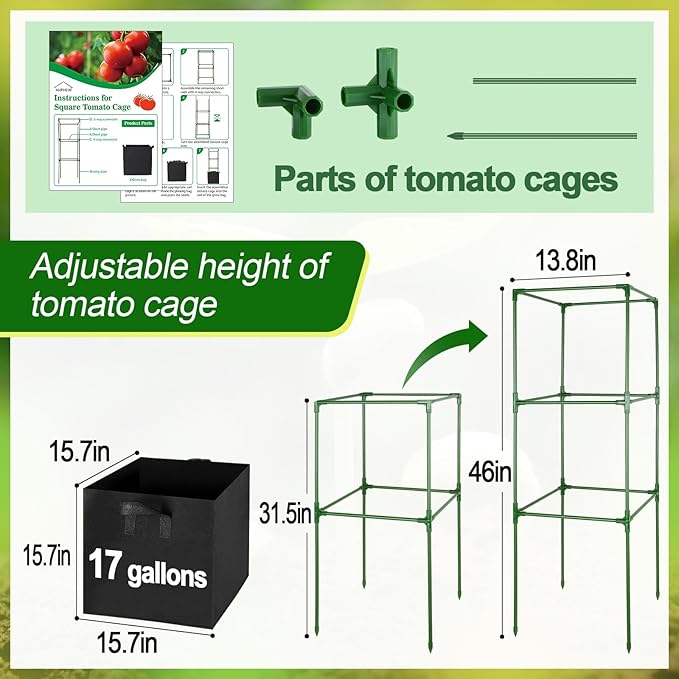 ANPHSIN Tomato Cages with 17 Gallon Grow Bags - 46'' Heavy-Duty Plant Support Cage Kit Garden Pots with Square Plant Trellis for Flowers Vegetables Cucumber Vertical Climbing Vines 2 Sets